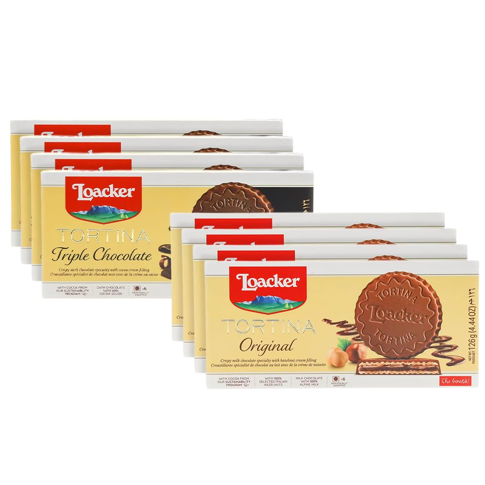 Loacker Tortina Bundle Pack (8 Bag Sampler) - Individually Wrapped Top-Grade Chocolate Enrobed Crispy Wafer Tartlets With Cream Filling - Oriflavor Blendal And Triple Chocolate - Nothing Artificial And Sustainably Sourced - 8 X 4.44 Oz