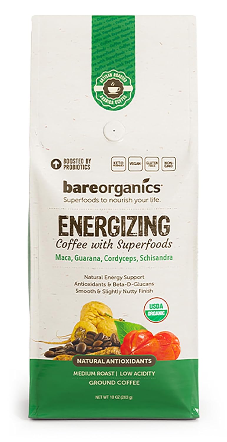Energizing Artisan Ground Coffee With Superfoods  Medium Roast  Non-Gmo & Gluten-Free  Maca  Guarana  Cordyceps & Schisandra - 10 Oz