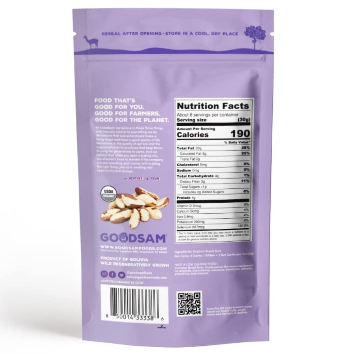 GoodSAM Organic Raw Brazil Nuts 0.5lb  Unsalted  Gluten Free  Non GMO  Vegan  Keto  Regenerative Farming  Direct Trade