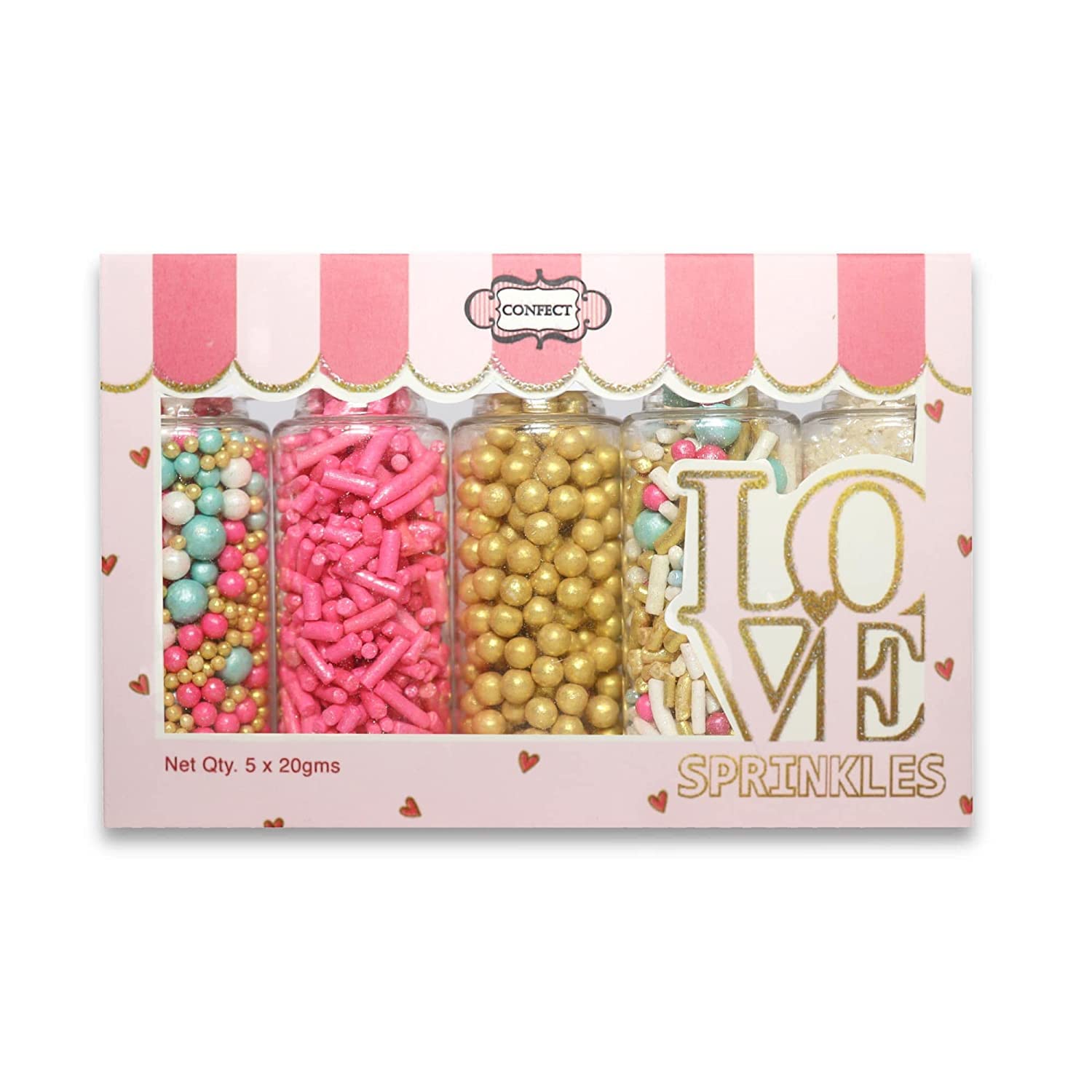 Sprinkles - Confect Sprinkles for Cakes & Cupcakes Decoration Assorted pack of 5 Princess Party Fuchsia Pink Jimmies Golden Pear