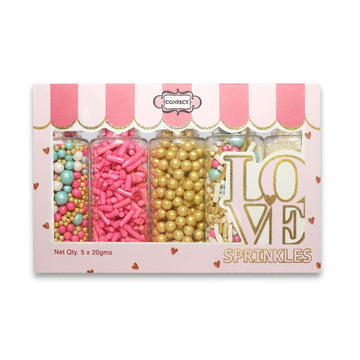 Sprinkles - Confect Sprinkles for Cakes & Cupcakes Decoration Assorted pack of 5 Princess Party Fuchsia Pink Jimmies Golden Pear