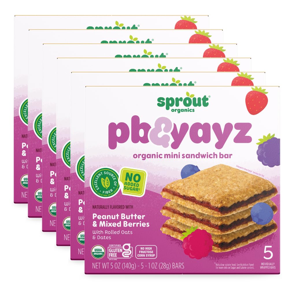 Sprout PB & Yayz Toddler Snack Bars, Mixed Berry & Peanut Butter, 5 Count (Pack of 6), Berry/Brown