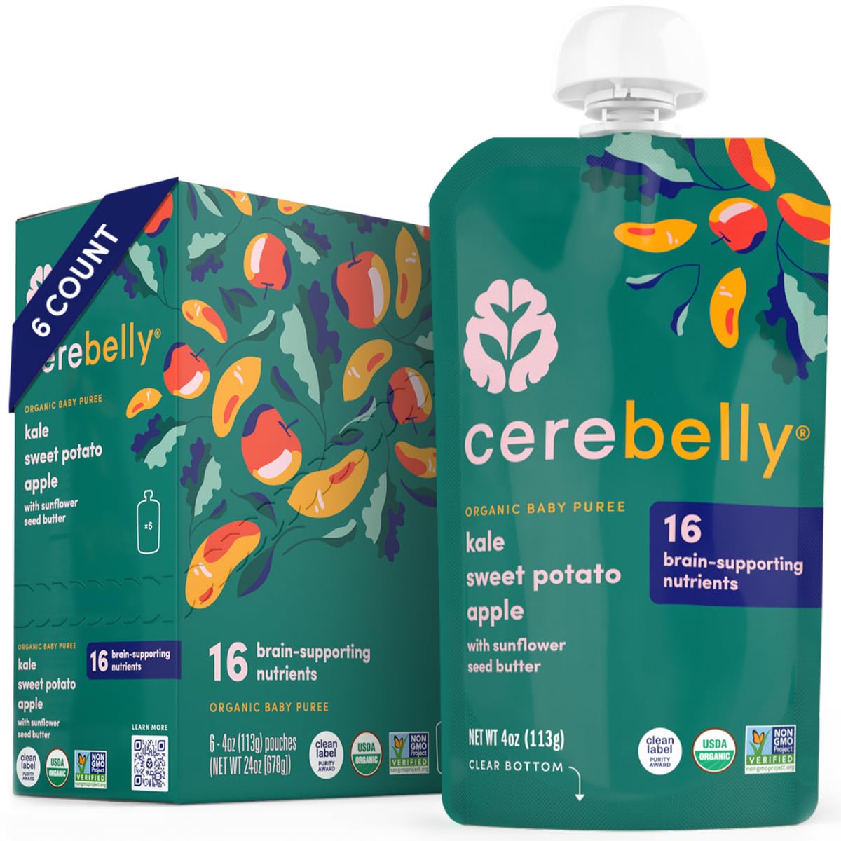 Cerebelly Baby Food Pouches - Organic Veggie Purees For Toddlers | No Added Sugar, Fiber, Non-Gmo | Blended Toddler Pouches | 4 