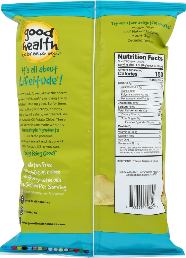 Good Health Avocado Oil Kettle Style Chips With Sea Salt 5 Oz. Bag (4 Bags)