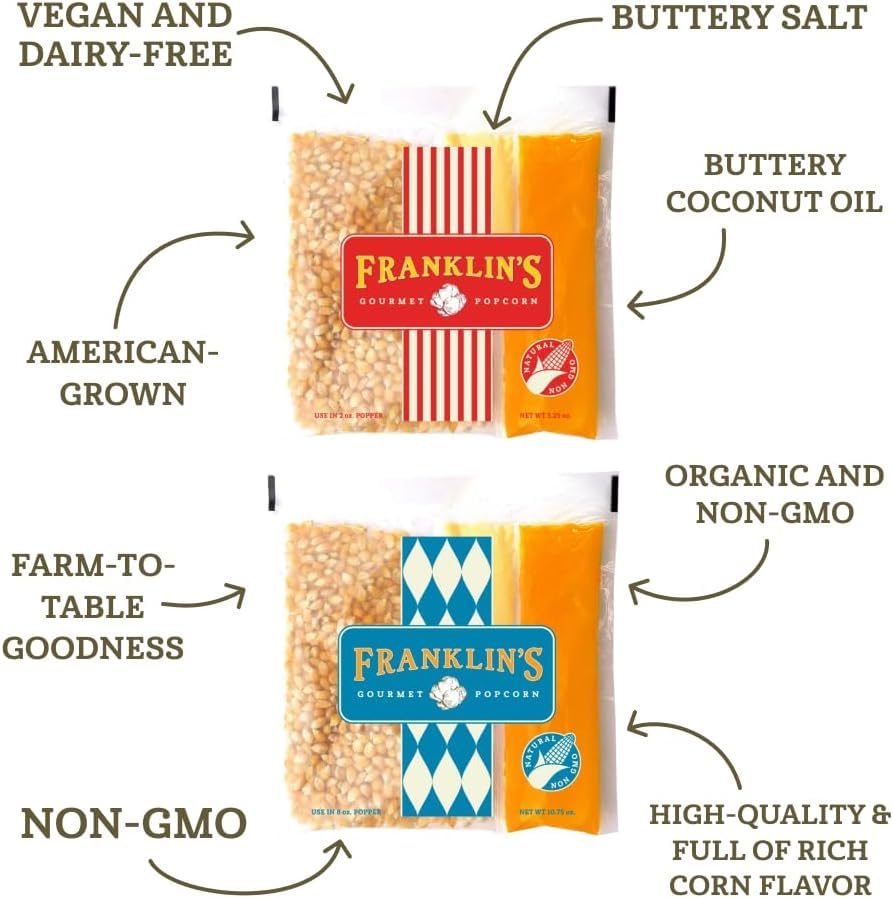 Franklins Gourmet Popcorn All-In-One Pre-Measured Packs - 4oz. Pack of 10 - Butter Flavored Coconut Oil + Butter Salt Popcorn Se