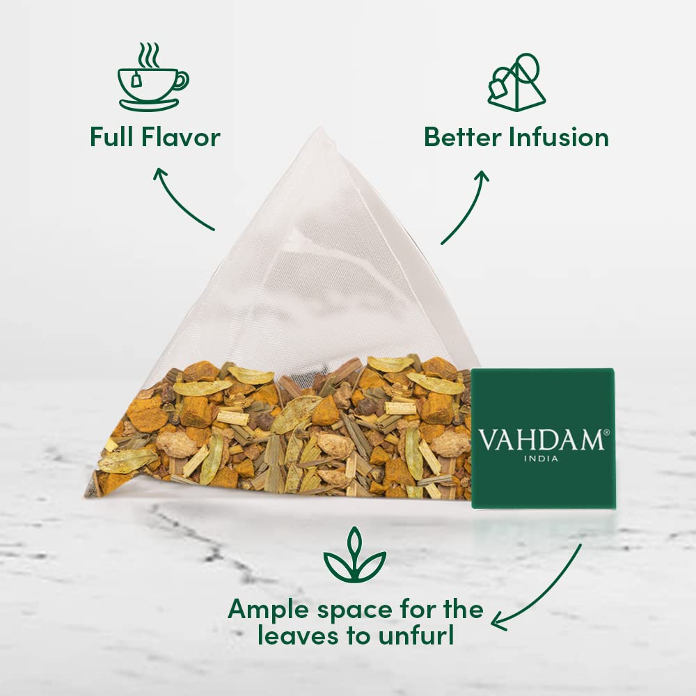 Vahdam, Turmeric Spice Herbal Tea Bags (100 Pyramid Tea Bags) | Caffeine Free, Non Gmo & Gluten Free | Turmeric Ginger Tisane With Cardamom, Cinnamon, Lemongrass & Black Pepper