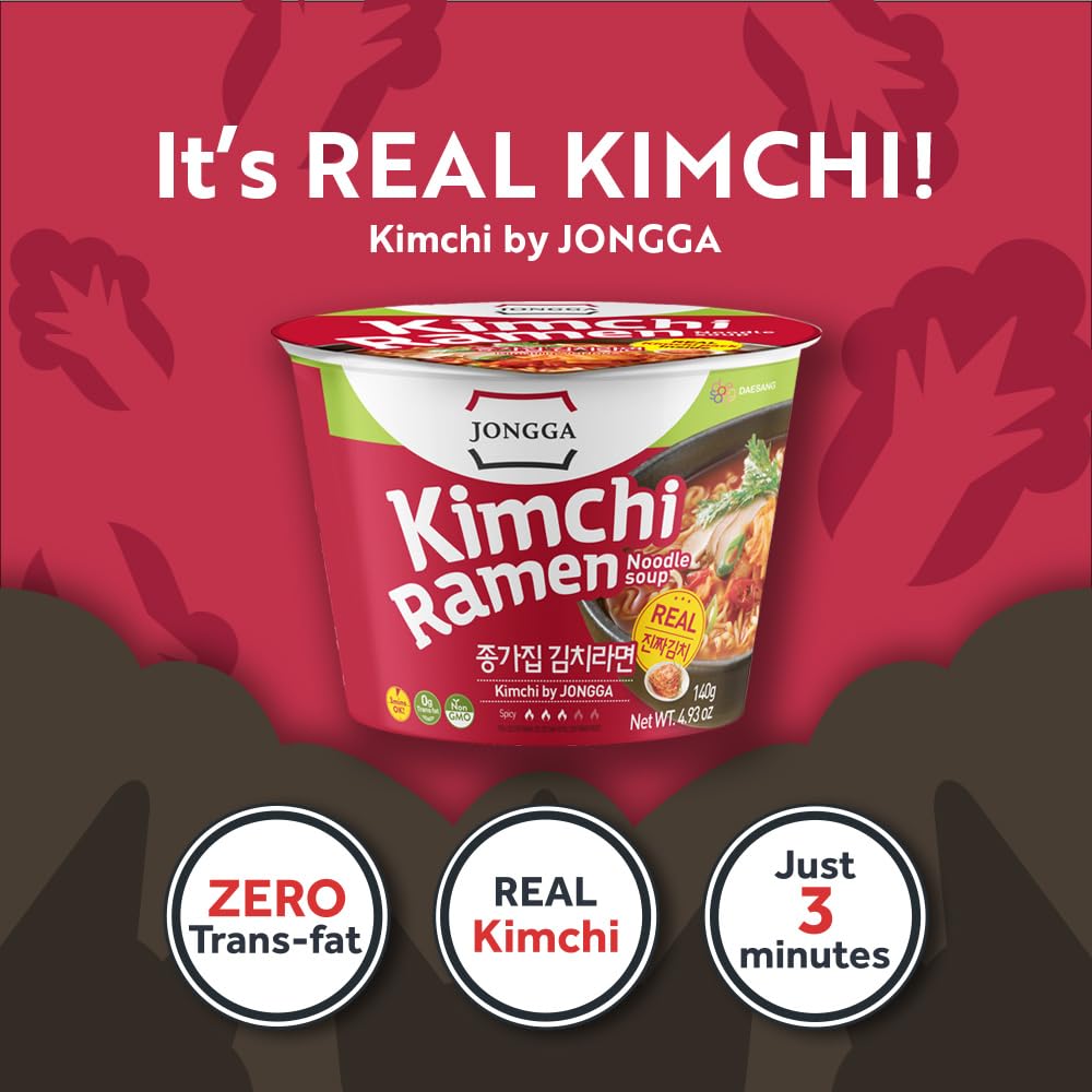Jongga Kimchi Ramen With Real Kimchi 4.9 Oz Pack Of 6, Korean Instant Hot And Spicy Noodle Soup, Authentic Savory Ramen Bowl, Qu