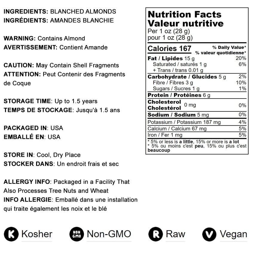 Blanched Whole Almonds, 18 Pounds - Non-Gmo Verified, Raw, Skinless, Unsalted, Keto, Vegan, Kosher, Bulk. High In Protein, Fiber, Vitamin E, Riboflavin. Perfect Snack. Great For Homemade Desserts.