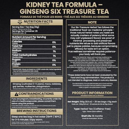 Ginseng Six Treasure Tea - Traditional Kidney Tea for Men & Women, Natural Herbal Formula Bags with 6 Precious Ingredients, Gift