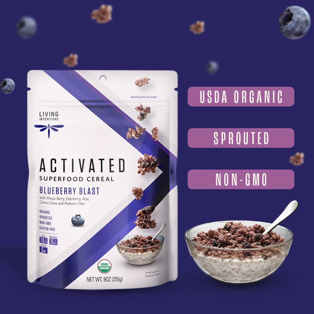 Living Intentions Organic Superfood Cereal - Blueberry Blast - NonGMO - Gluten Free - Vegan Paleo - Kosher - 9 Ounce Unit