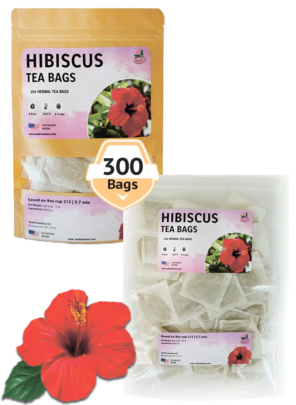 TeaDreamTea Hibiscus Tea Bags - Caffeine Free Herbal Tea, 300 Bleach-Free Bags, Brew Hot or Iced