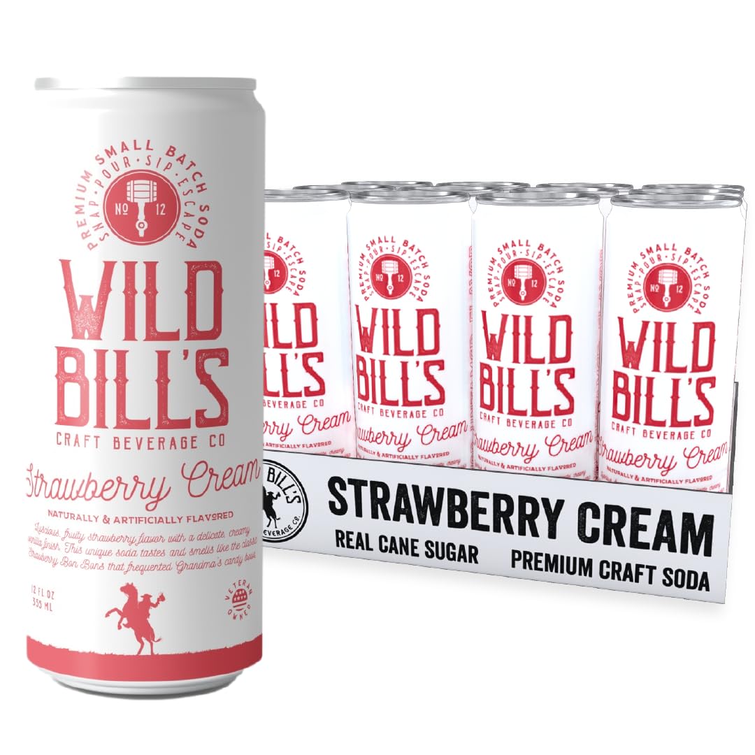 Wild Bills Strawberry Cream Soda, Classic Craft Soda, Caffeine Free, Gluten Free, Vegan, 12 Fl Oz, 12 Pack