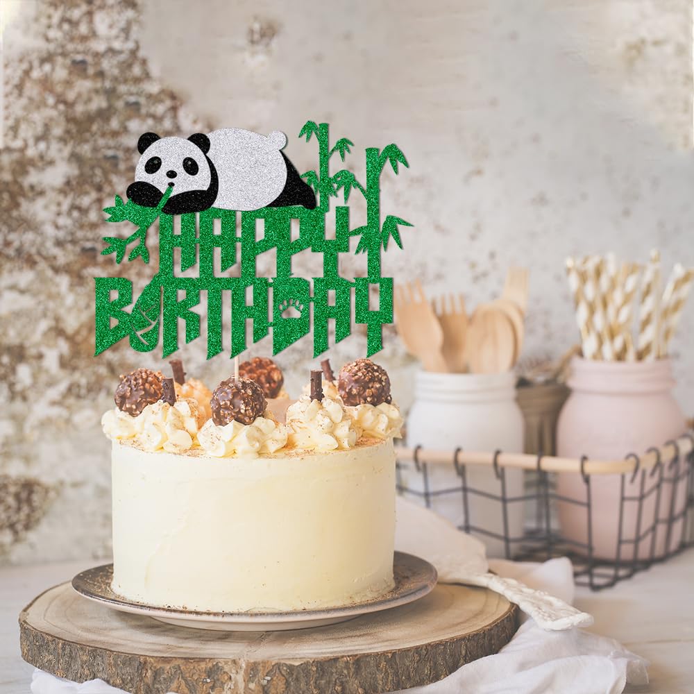 Panda Happy Birthday Cake Topper-Green Panda Bear Bamboo Birthday Cake Decoration,Jungle Animals Theme Party Decoration,Baby Sho