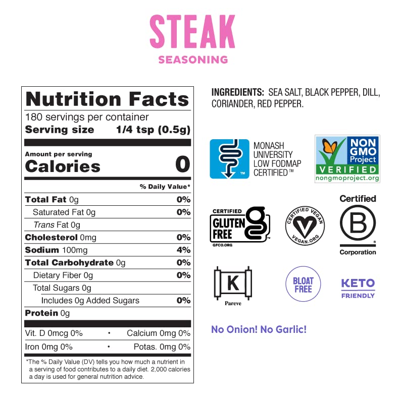 Fody Foods Vegan Steak Spice Blend, Flavorful Grilling Seasoning, Low Fodmap Certified, Sensitive Recipe, Gut & Ibs Friendly, 3.