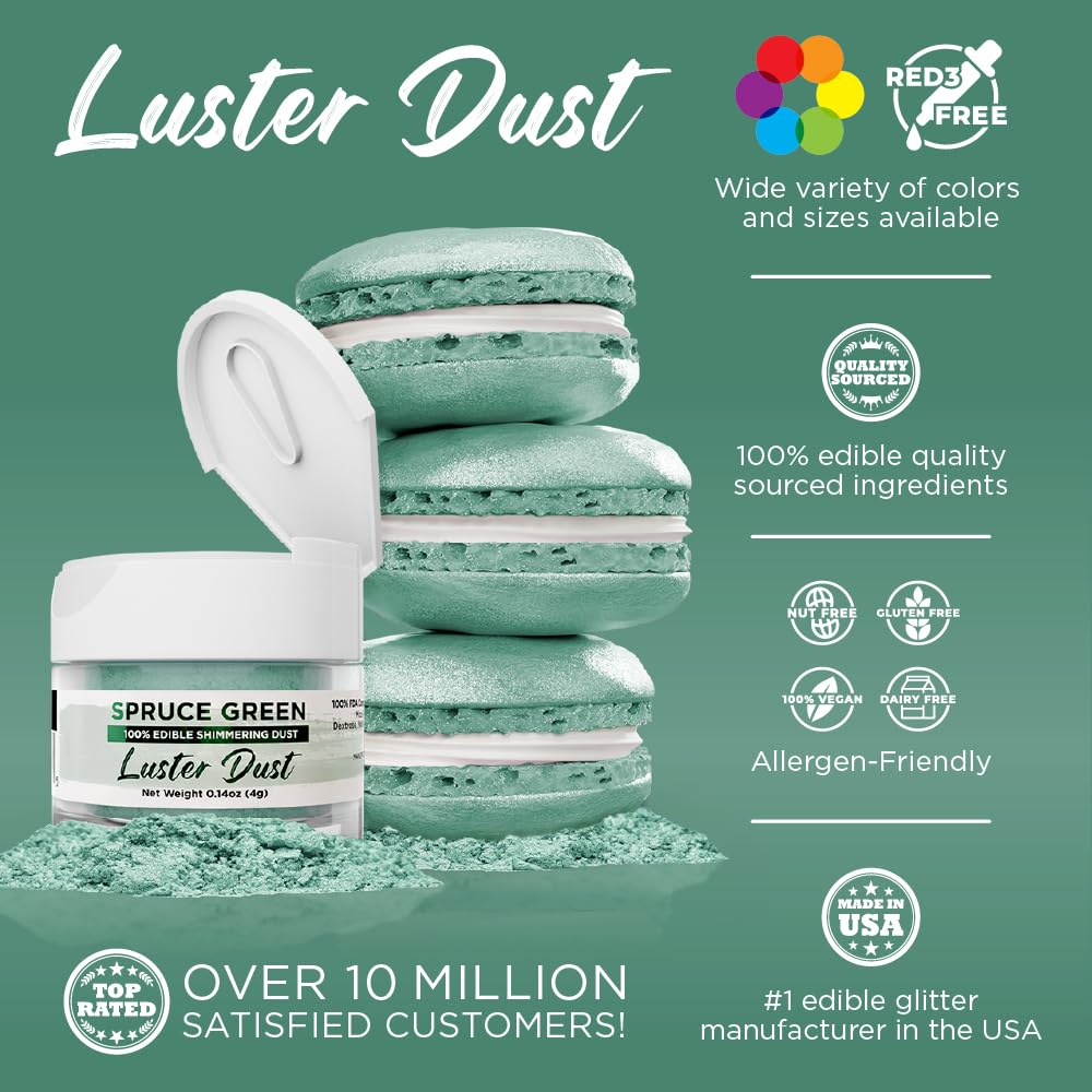 Luster Dust - Spruce Green (4G 1X Jar) | Edible Vegan Dust & Paint For Cake Decorating, Ice Cream, Desserts, Cocktails And Bever