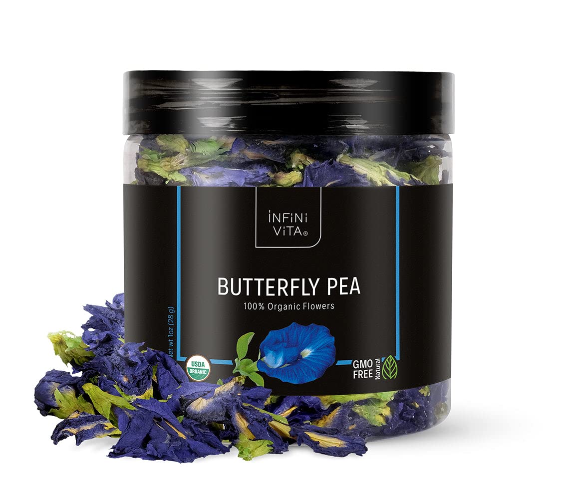 Infini Vita Dried Butterfly Pea Flower Tea 28G (1 Oz) - 100% Organic Blue Tea, Pure, Non-Gmo, Gluten Free - Natural Energy Boost