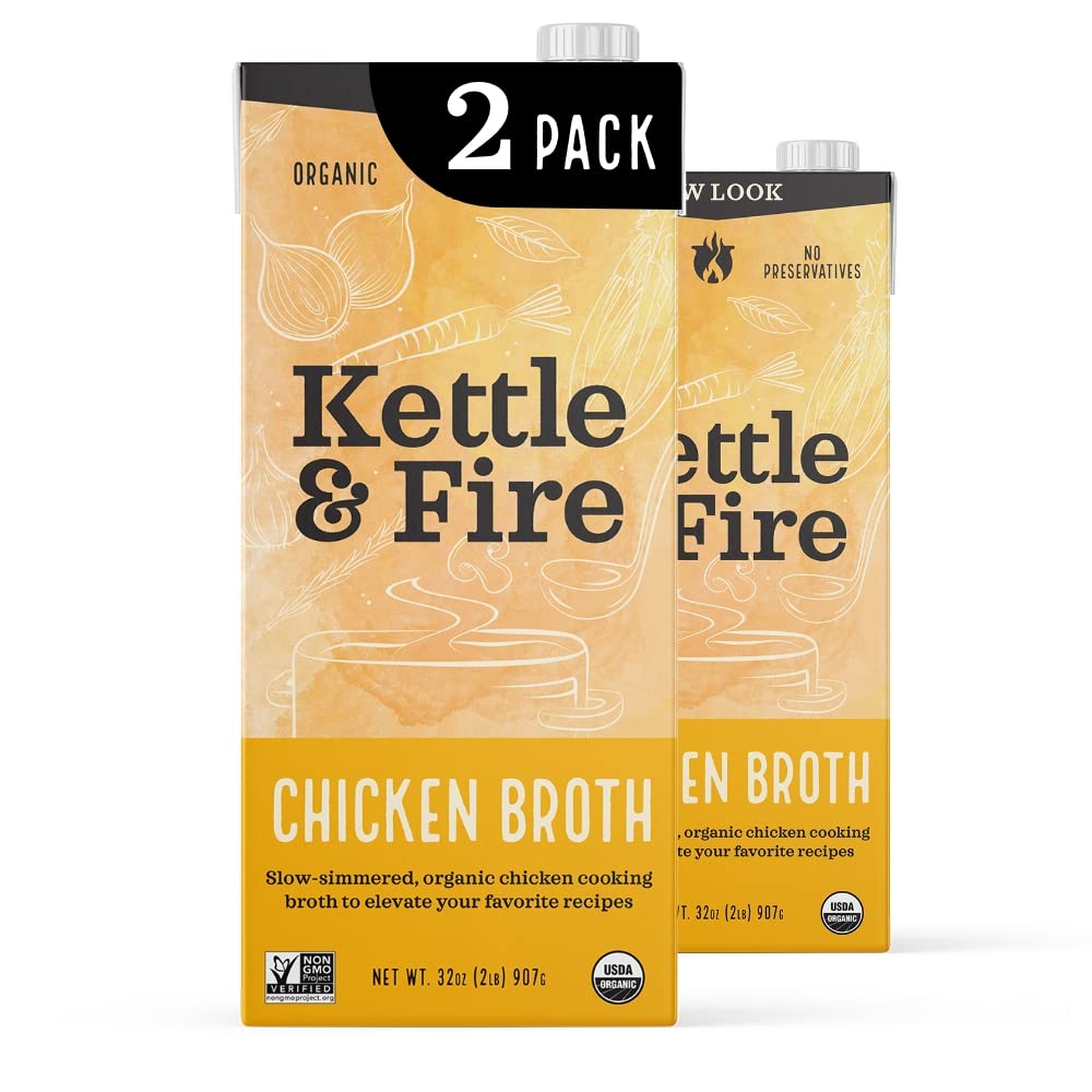 Kettle and Fire Organic Chicken Broth, Keto, Paleo, and Whole 30 Approved, Gluten Free, High in Protein and Collagen, 2 Pack (32