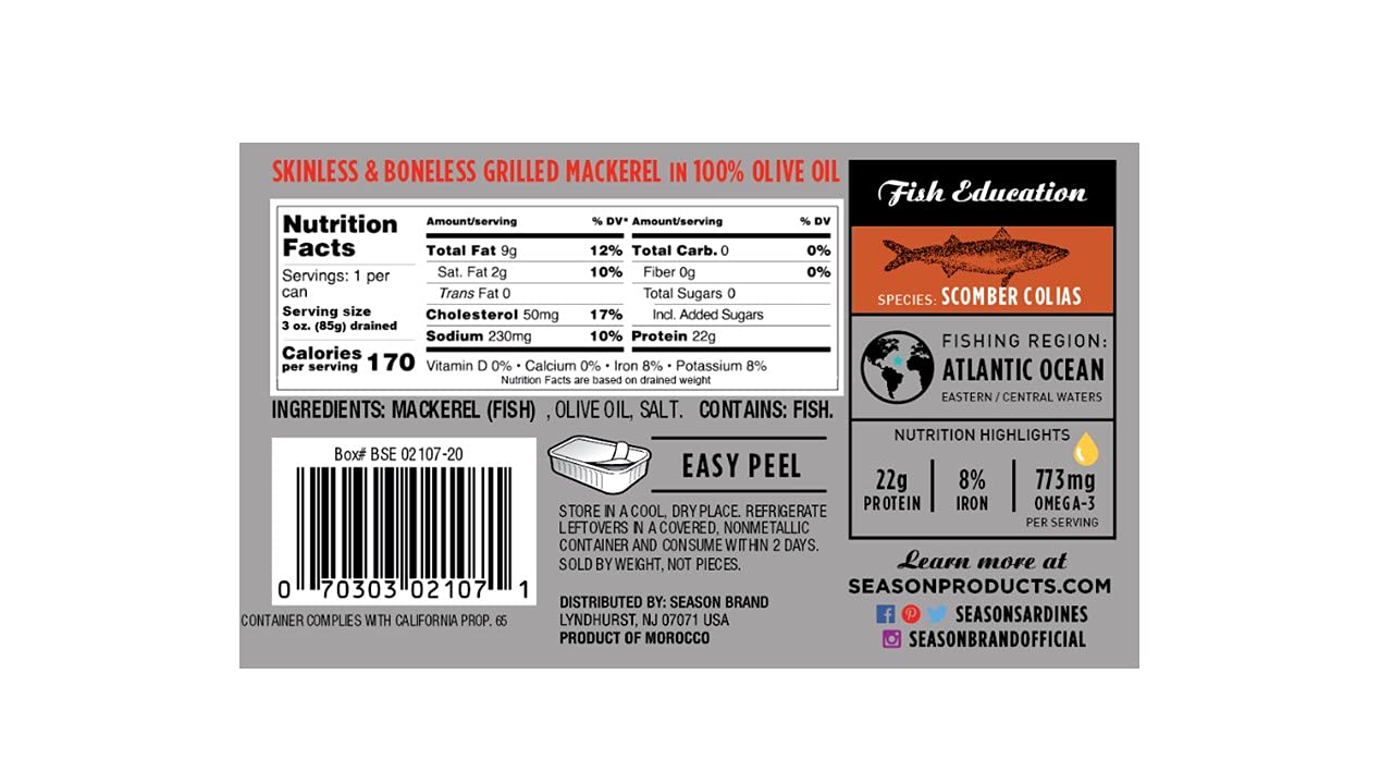 Season Grilled Mackerel In Olive Oil - Skinless & Boneless Mackerel Fillets, Wild Caught, Keto Snacks, Full Of Vitamins, Low In Mercury, Kosher, Non-Gmo, 20G Of Protein - 4.37 Oz, 12-Pack