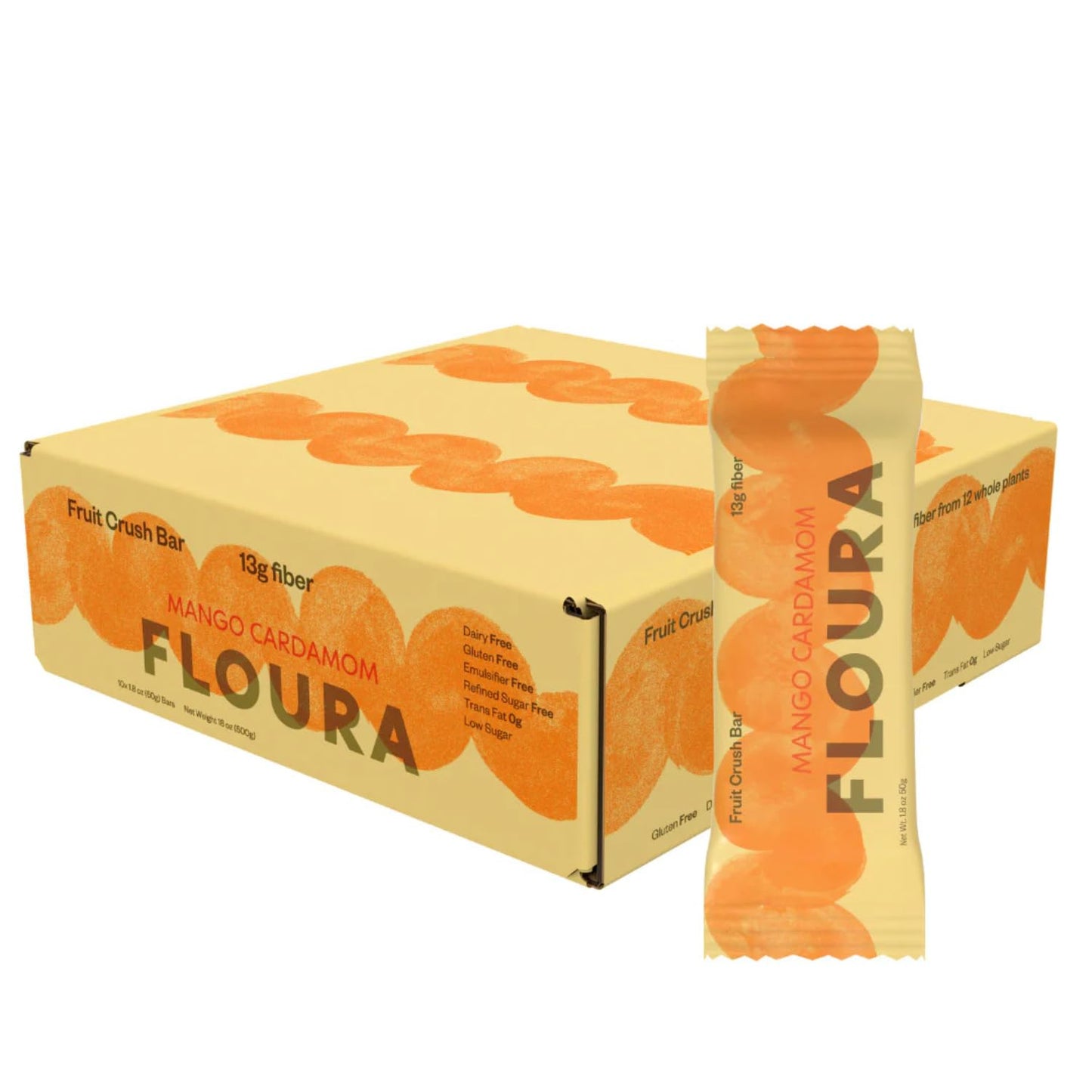 Floura Mango Cardamom Fruit-Forward Fiber Bars- High Fiber, Vegan, Gluten & Dairy Free, Low Calorie Healthy Snack Bars with Upcy