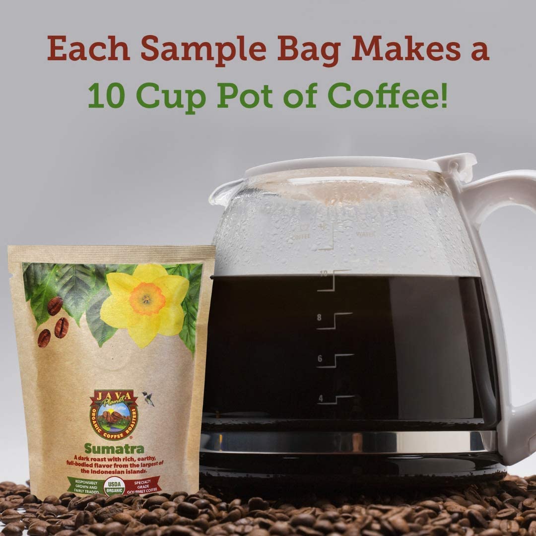 Sampler Variety Pack, Low Acid Organic Coffee Beans in Linen Gift Bag: Whole Bean, Mold-Free & Stomach Friendly, by Java Planet