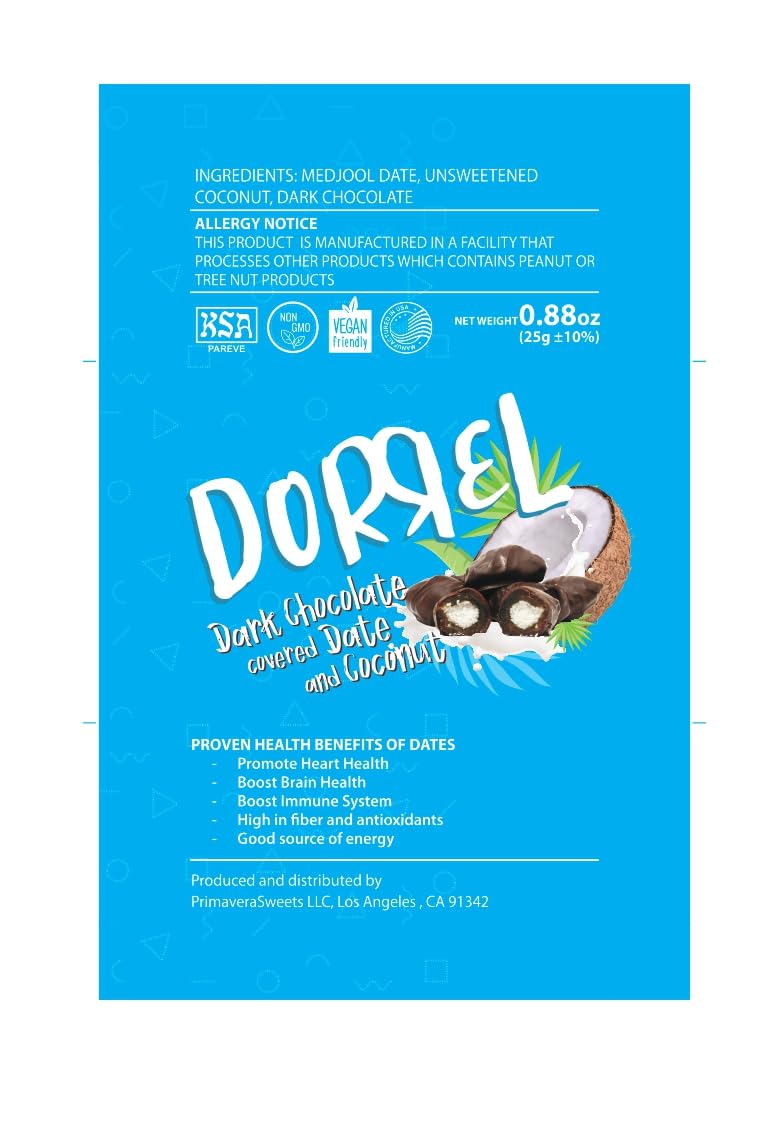 Dorrel - Belgian Dark Chocolate Covered Dates (Medjool) With Coconut Stuffing, High Energy Vegan Choco Snack, Delicious, Kosher