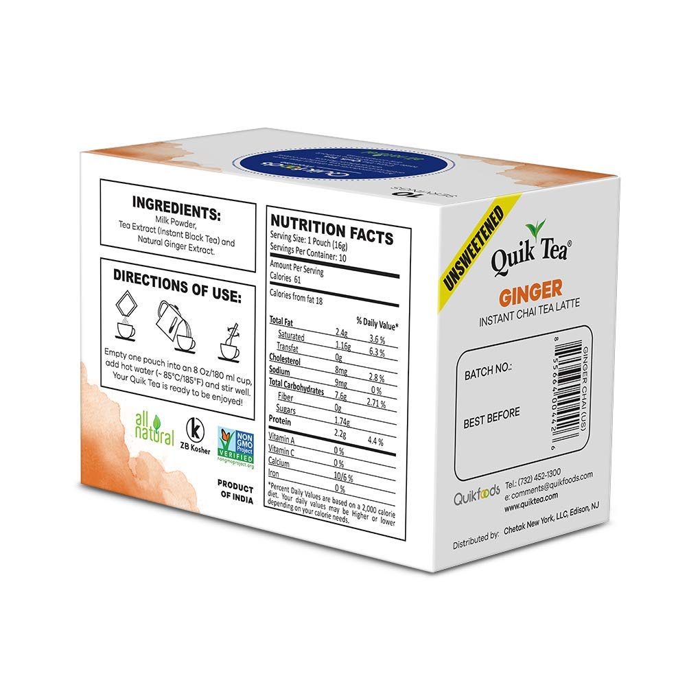 Quiktea Ginger Chai Tea Latte - 20 Count (2 Boxes Of 10 Each) - Packaging May Vary - All Natural Preservative Free Authentic Cha
