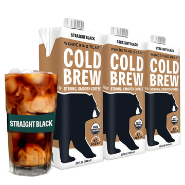 Wandering Bear Straight Black Organic Cold Brew Coffee, 32 Fl Oz, 3 Pack - Extra Strong, Smooth, Organic, Unsweetened, Shelf-Sta