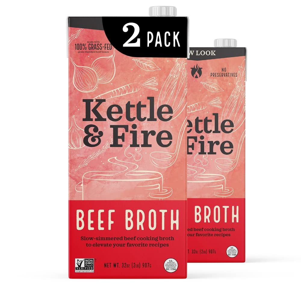 Kettle And Fire Beef Cooking Broth, Keto, Paleo, And Whole 30 Approved, Gluten Free, High In Protein And Collagen, 2 Pack (32 Ounces)