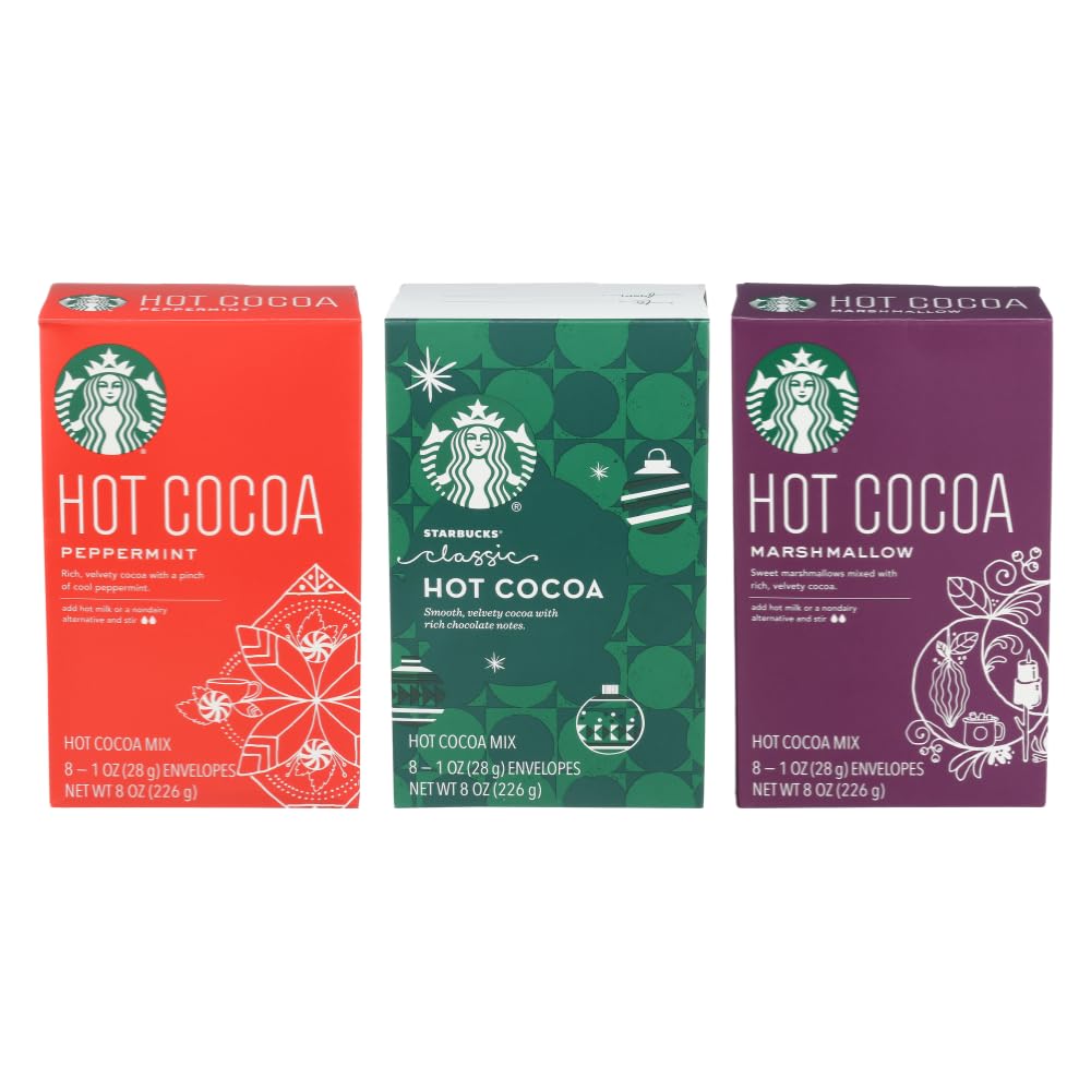 Starbucks Hot Cocoa Mix Packets Variety Pack, 1 Box Peppermint Hot Cocoa, 1 Mix Classic Hot Cocoa, 1 Box Marshmallow Hot Cocoa, 