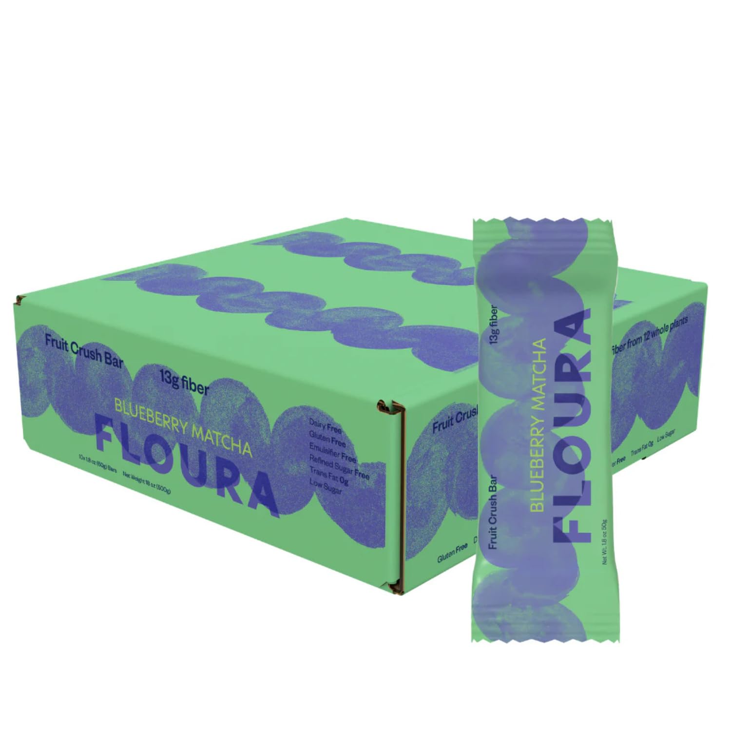 Floura Blueberry Matcha Fruit-Forward Fiber Bars- High Fiber, Vegan, Gluten & Dairy Free, Low Calorie Healthy Snack Bars with Up