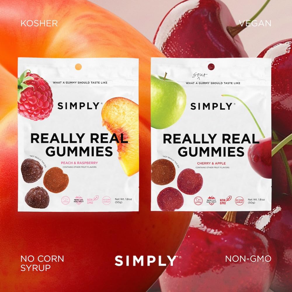 SIMPLY Really Real Gummies | Made with Real Fruit | Variety Pack | 1.8 oz (pack of 8) | No Cane Sugar + Gluten Free + Kosher