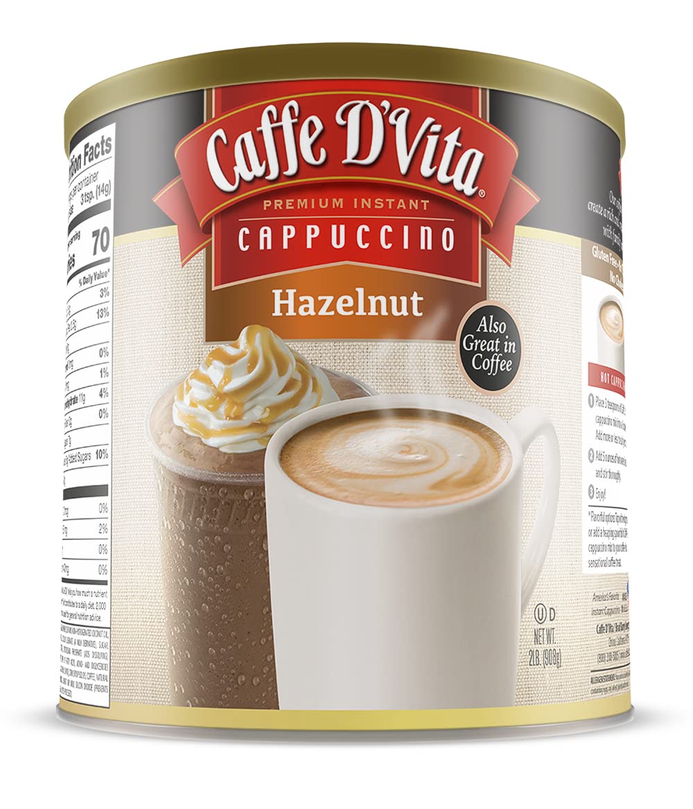 Caffe Dvita Hazelnut Cappuccino Mix - Instant Coffee Powder Mix, Gluten Free, No Cholesterol, No Hydrogenated Oils, No Trans Fat, 99% Caffeine Free - 2 Lb Can