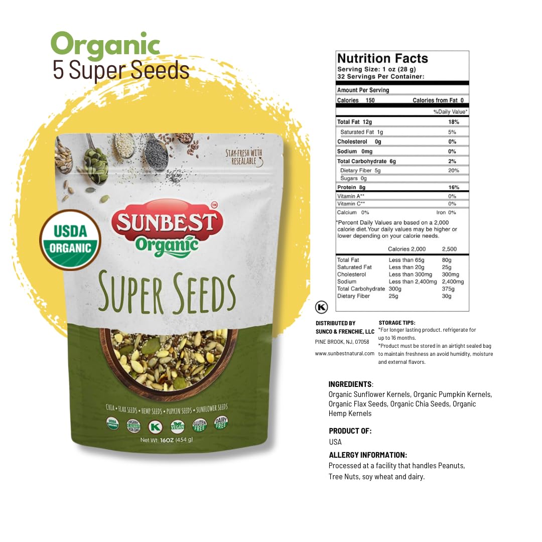 SUNBEST NATURAL Organic Super Seeds 2-Pack – 32 oz Blend of Pumpkin, Chia, Hemp, Sunflower & Flax – Vegan & Gluten-Free