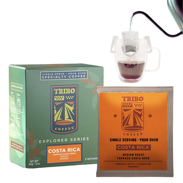 Tribo Coffee Single-Serve Portable Pour Over Drip Coffee - Costa Rica - washed - 5 Servings Per Box (Medium Roast)