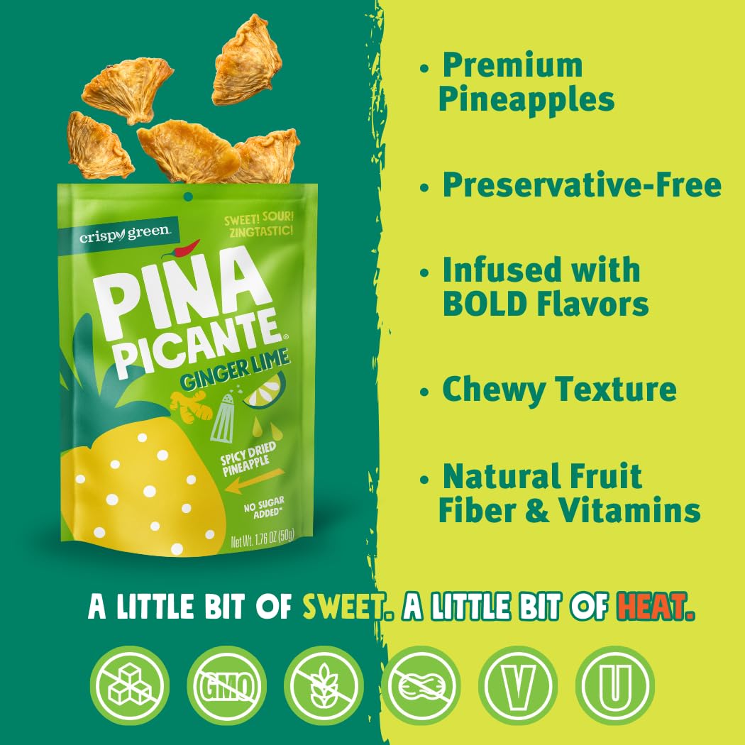 Crispy Green Pia Picante, Ginger Lime Dried Pineapple, Healthy Real Fruit Snacks, 1.76 Ounce, 12 Single Serve Bags