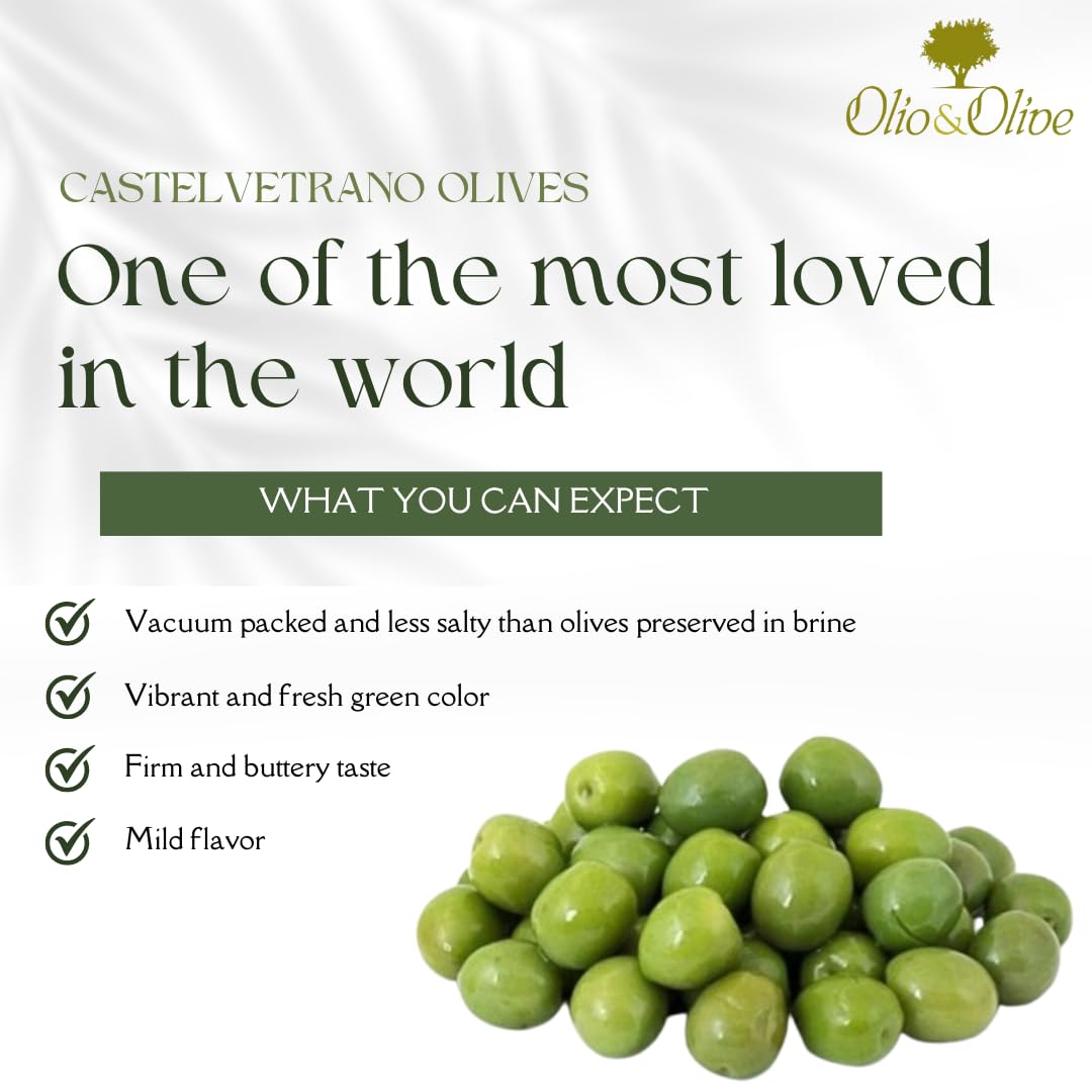 Olio&Olive Castelvetrano Green Italian Olives - Vacuum Packed And Less Salty - Buttery And Tender Taste - Vibrant And Fresh Color - 1Lb Pack (Drained Weight) - Imported From Sicily-Italy