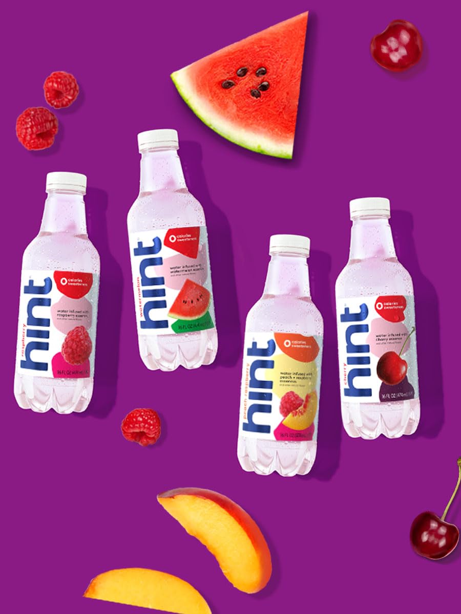 Hint Water Purple Variety Pack (Pack of 12), 16 Ounce Bottles, 3 Bottles Each of: Raspberry, Watermelon, Cherry, and Peach, Zero