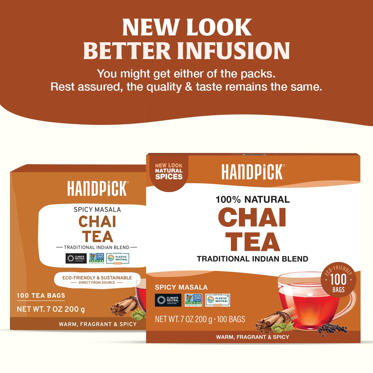 HANDPICK Masala Chai Tea Bags, Strong & Aromatic, Blended with Spices, 100 Count, Eco-conscious Round Bags