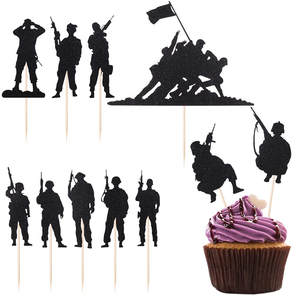 LVEUD Military Themed Cake Topper-11 pcs Military Themed Marine Corps Cupcake Topper-Happy Birthday Cake Topper-Veteran's Day Ca