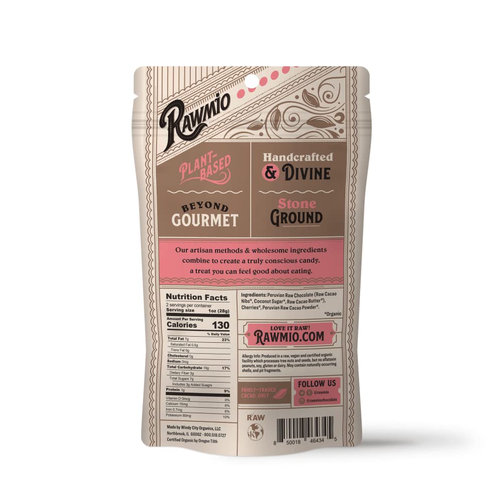 Rawmio Chocolate Covered Sweet Cherries - Organic, Raw, Vegan, 70% Dark Chocolate, 6 Packs, 2 Oz.