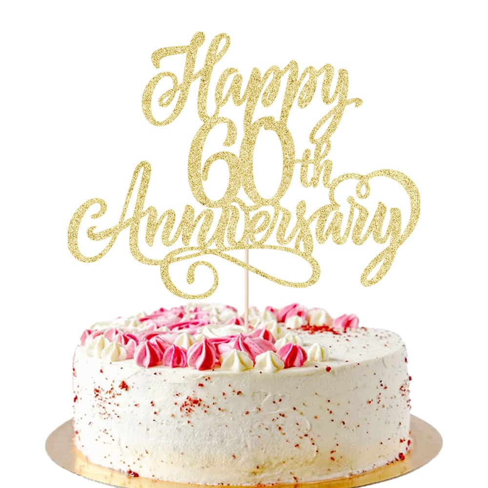 AROKIPPRY Golden Glitter Happy 60th Anniversary Cake Topper - 60th Wedding/Company/Birthday Party Decoration