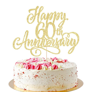AROKIPPRY Golden Glitter Happy 60th Anniversary Cake Topper - 60th Wedding/Company/Birthday Party Decoration