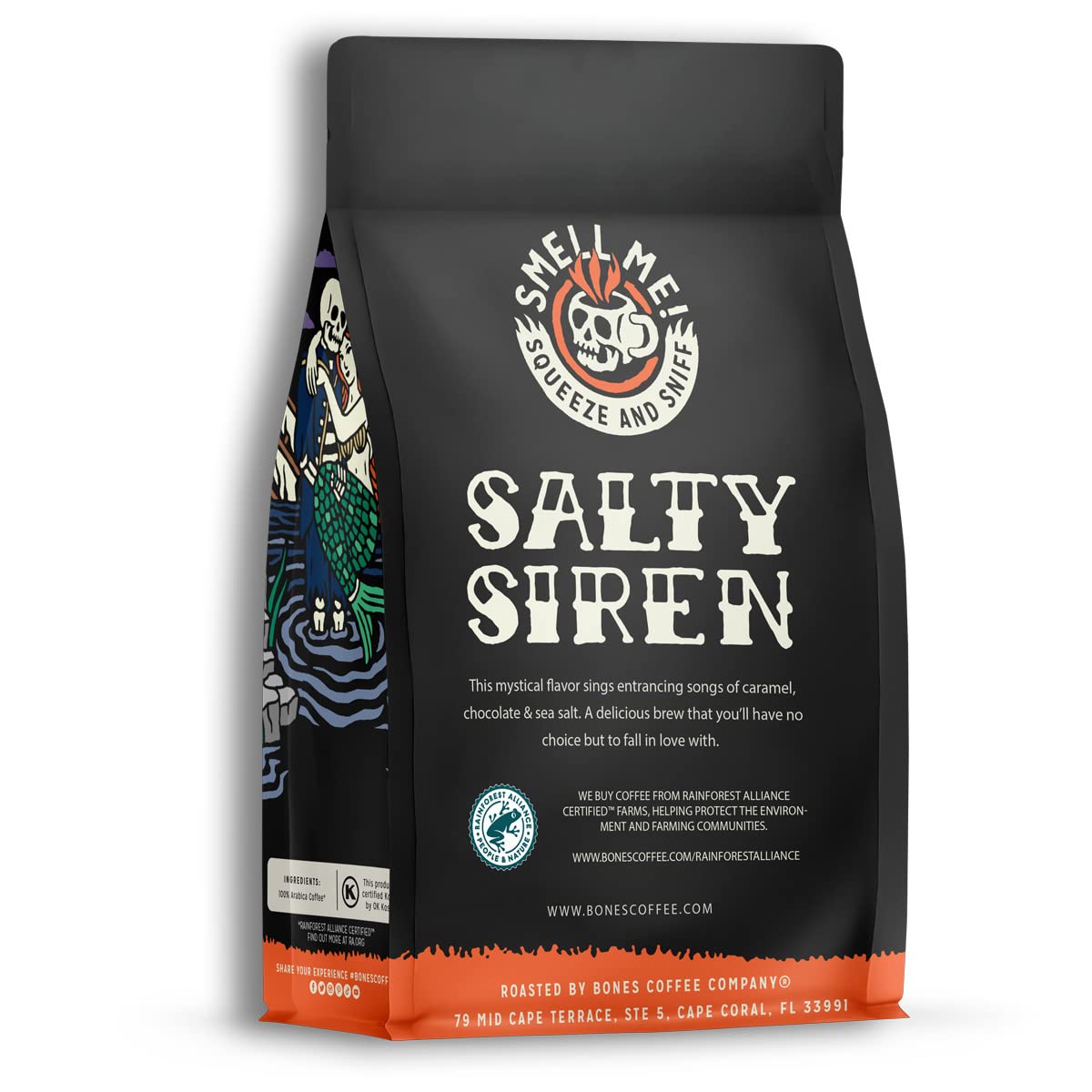 Bones Coffee Company Salty Siren Ground Coffee Beans Caramel Chocolate Flavor, Low Acid Flavored Coffee, Made with Arabica Coffe