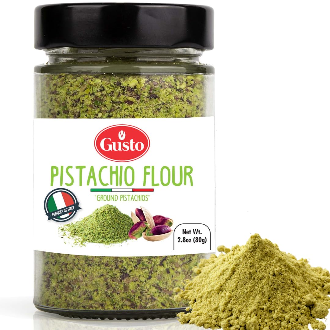 GUSTO ETNA Pistachio Flour, Gluten Free, High Protein, Non-GMO, Vegan, 80 g (2.8 oz), Sicilian Fine Chopped Pistachio Powder,