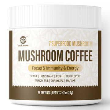 Ganoherb Mushroom Coffee Instant Powder, Medium Roast Arabica Coffee With Lion’S Mane, Chaga, Turkey Tail, Reishi, Maitake, Cordyceps For Focus & Energy, 28 Servings