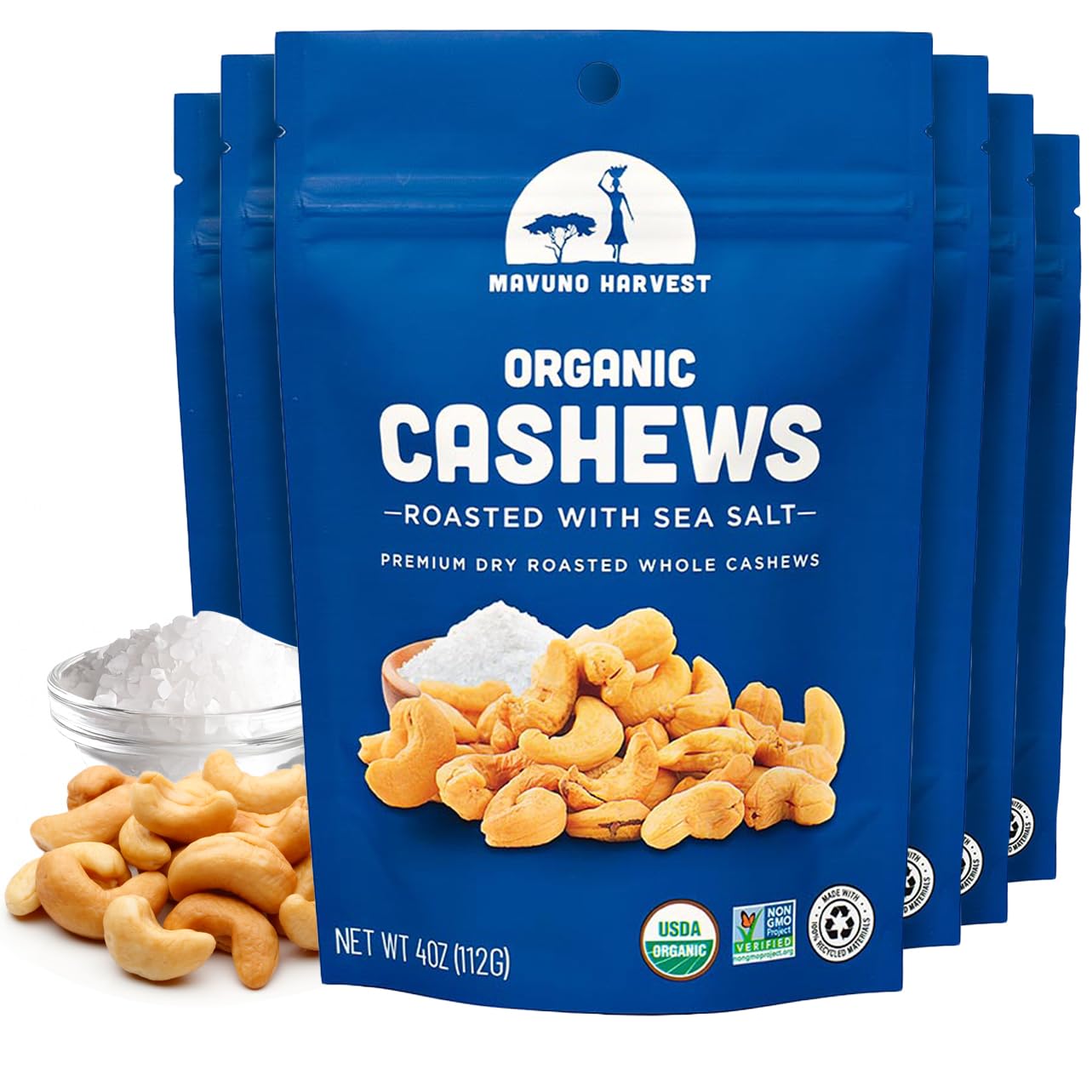 Mavuno Harvest Organic Roasted Cashews With Sea Salt | Dry Roasted Whole Cashew Nuts | Vegan  Non Gmo Healthy Snacks For Kids And 18+ Uses | Office Friendly Work Snack | 4 Ounce  Pack Of 6