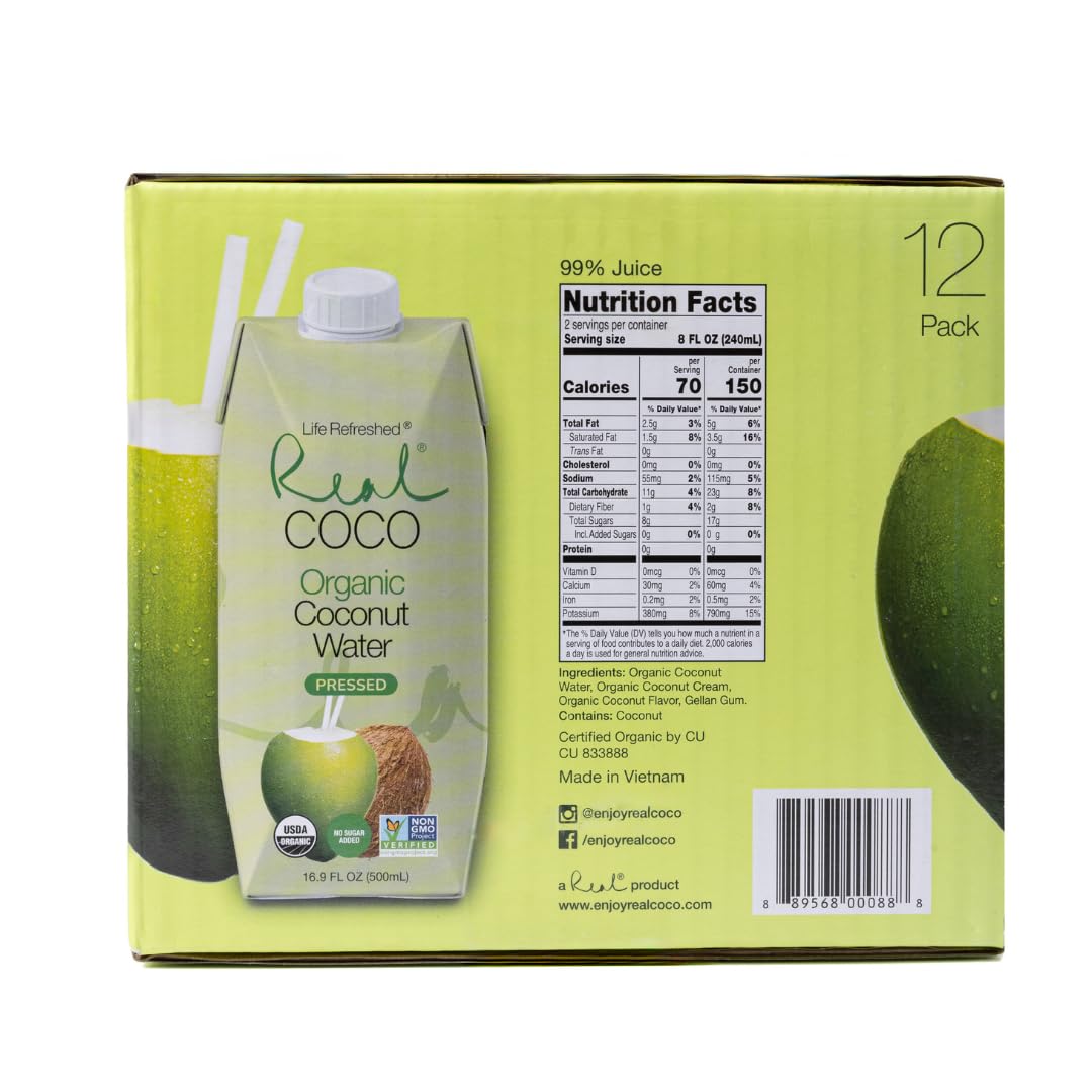 Life Refreshed Organic Pressed Coconut Water, 12-Pack (500mL), USDA Organic, No Sugar Added, Essential Electrolytes, Non-GMO, Dairy & Soy Free