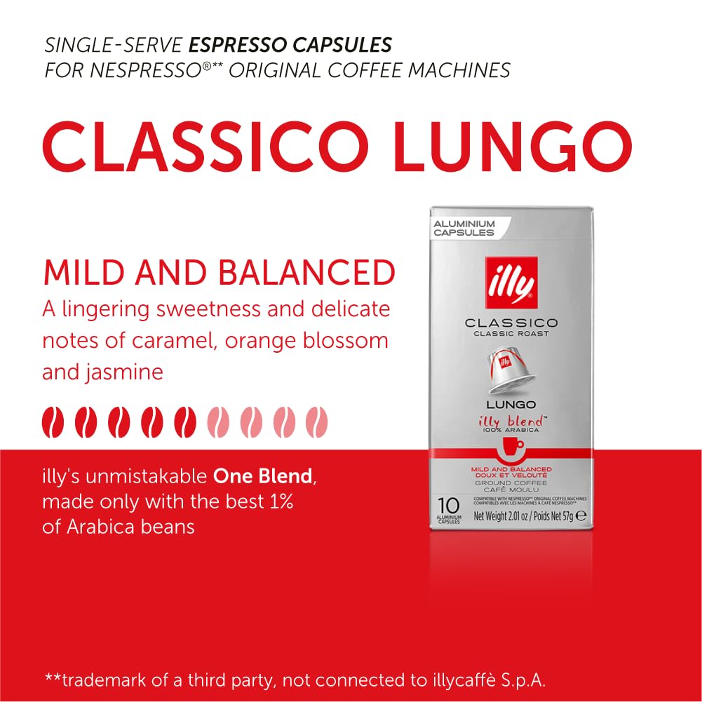 illy Espresso Compatible compact pieces - Classico Lungo Roast - 10 Count - Nespresso Pods with Notes of Caramel, Orange Blossom & Jasmine