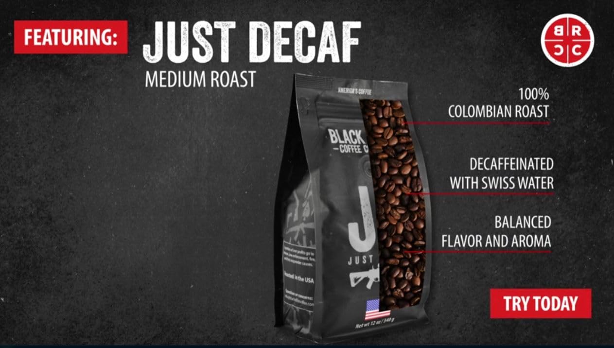 Black   Coffee Just Decaf Medium Roast Ground Coffee, 12 Ounce Bag, 100% Colombian, Caffeine-Free, Supports Veterans