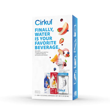Cirkul 12oz. BPA-Free Plastic Water Bottle Starter Kit with Blue Lid, 2 Flavor Cartridges (1 LifeSip Fruit Punch and 1 FitSip Mi